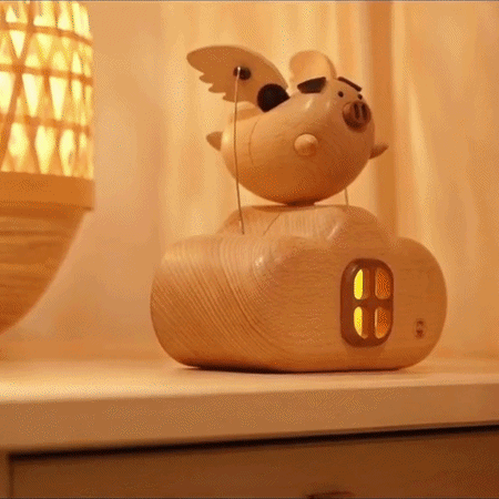 Handcarved Wooden Flying Pig Automata Mechanical Sculpture