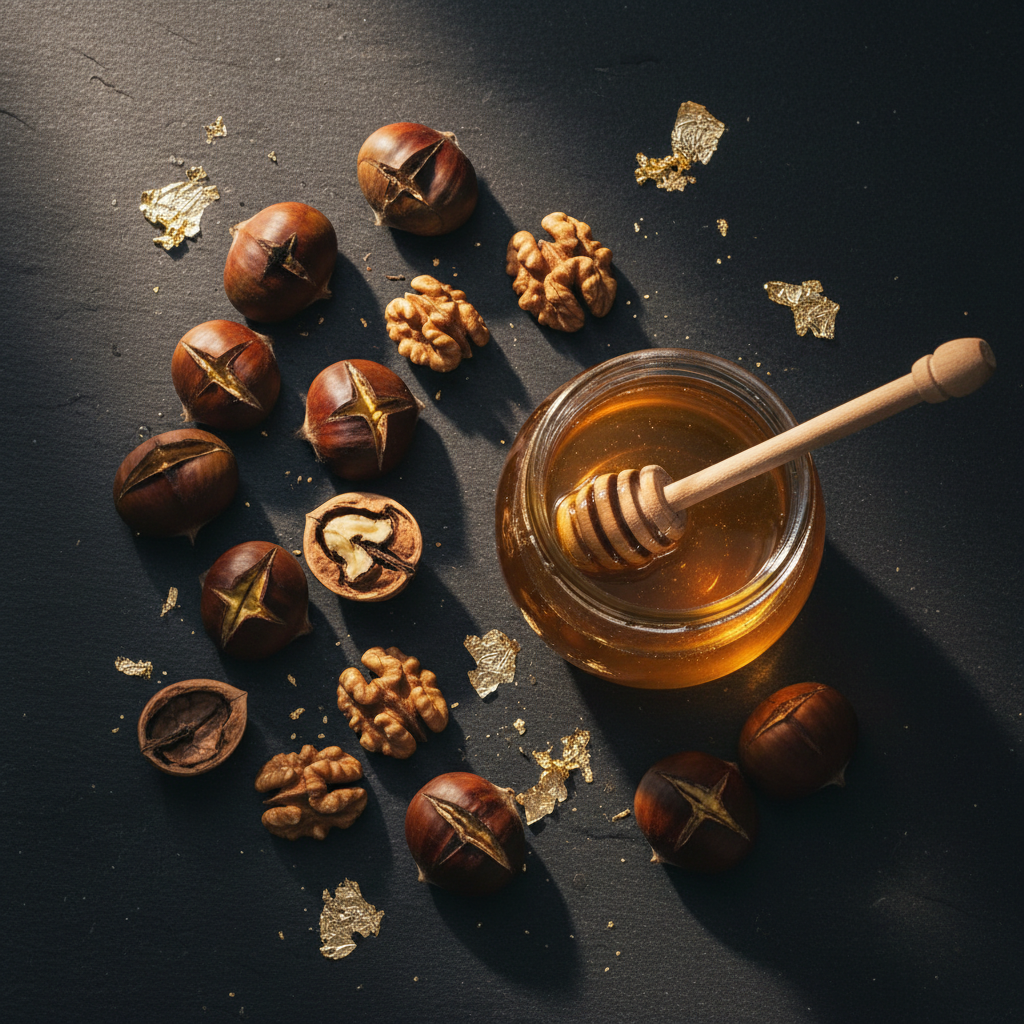 Castañas, nueces y miel de temporada sobre una mesa, ingredientes para crema de castañas