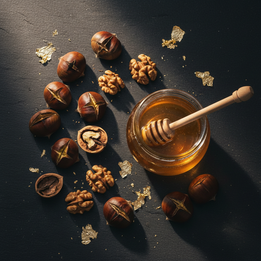 Castañas, nueces y miel de temporada sobre una mesa, ingredientes para crema de castañas