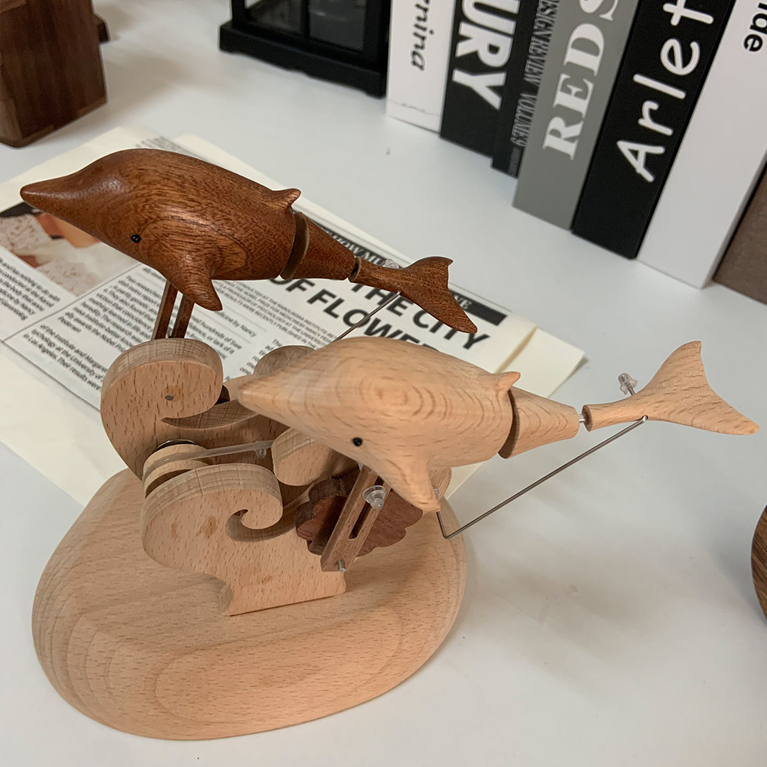 handcarved-wooden-dolphin - Handcarved Wooden Dolphin Automata Mechanical Sculpture