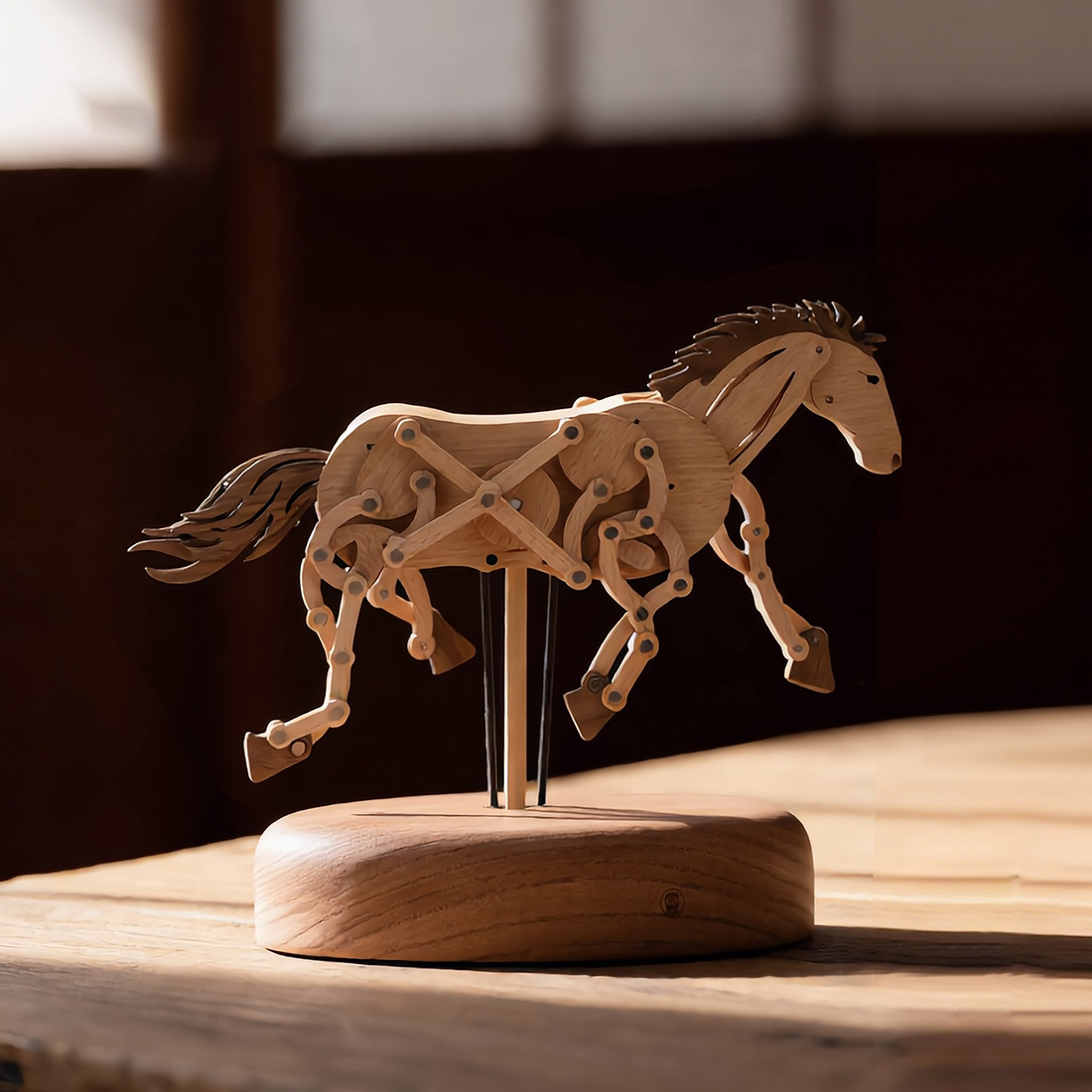 handcrafted-wooden-horse - Handcrafted Wooden Horse Kinetic Automata Mechanical Sculptu