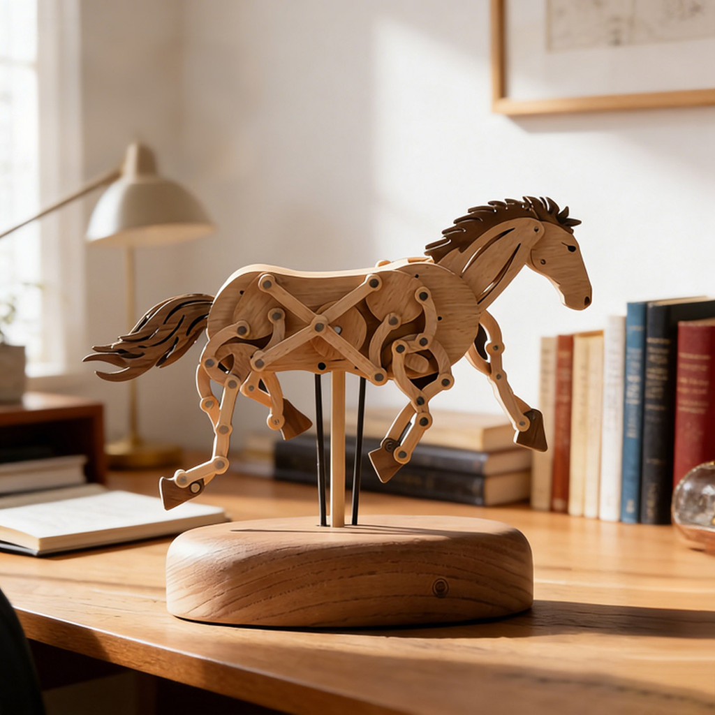 handcrafted-wooden-horse - Handcrafted Wooden Horse Kinetic Automata Mechanical Sculptu